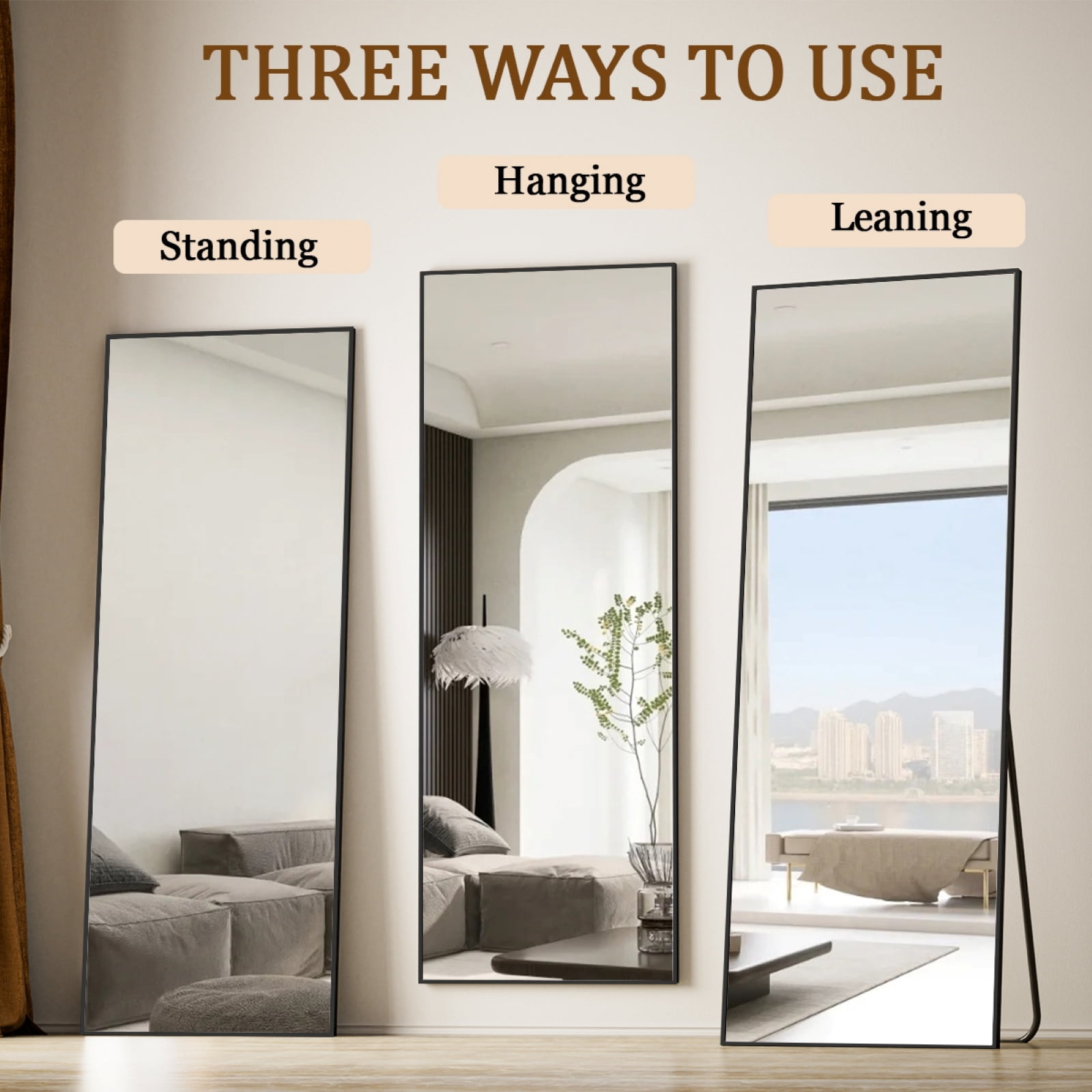 SEETHRUGLIMMER 64"x 21.25" Rectangle Full Length Mirror Metal Frame Floor Mirror with Stand, Black