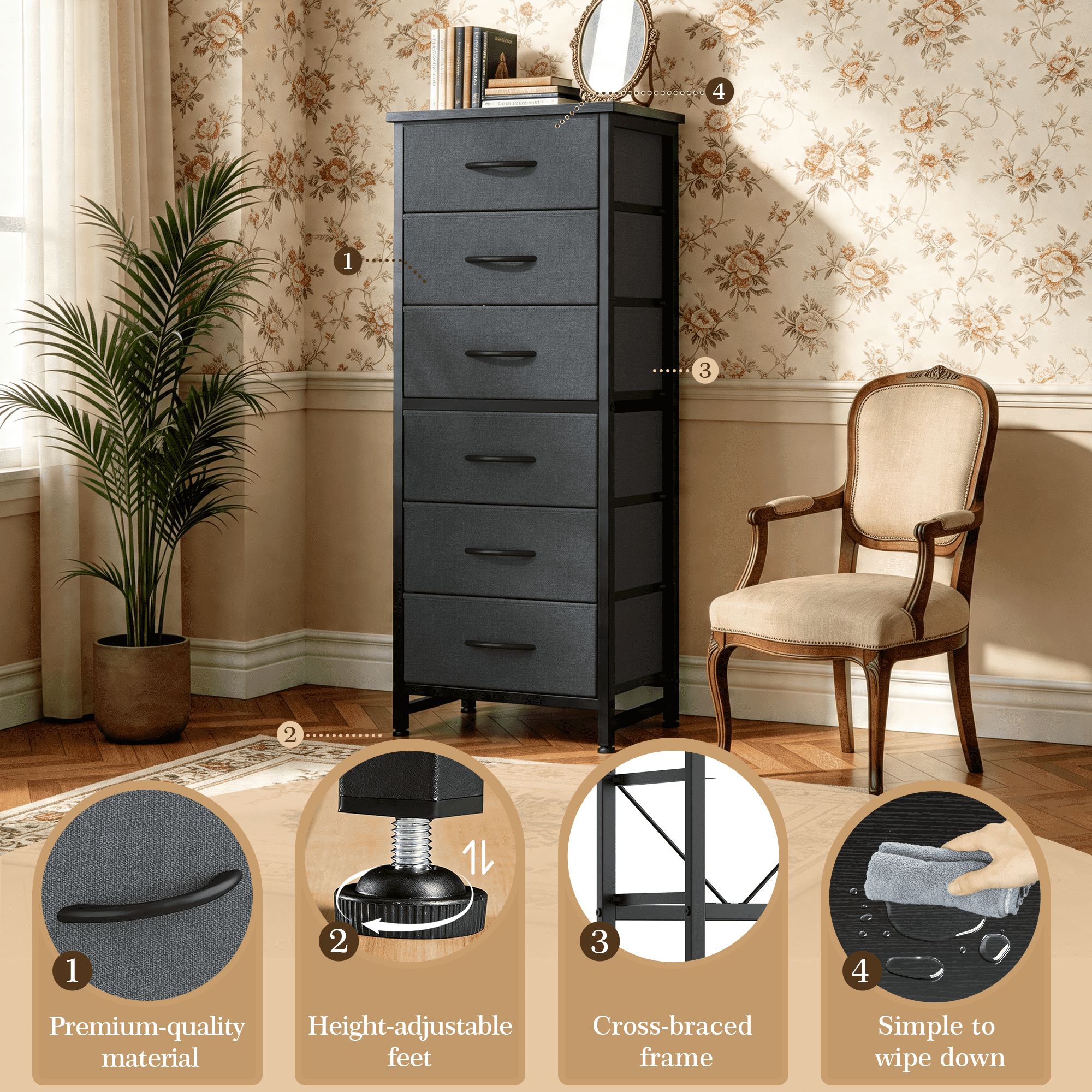 CONCETTA Tall Storage Dresser with 6 Fabric Drawers, Metal Frame with Cross Support Rods, Anti-Tip, Wood Top for Bedrooms, Offices and Compact Spaces, Gray