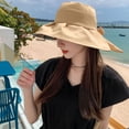 thumbnail image 4 of Sombrero de pescador de ala grande de color sólido con protección solar, de 55 a 60 cm de circunferencia, para mujer, sombrero de verano anti-ultravioleta con lazo, 4 of 5