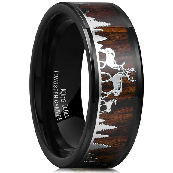 King Will Mens Deer Forest Hunting 8mm Tungsten Carbide Sandalwood Inlay Wedding Band for Men Engagement Ring Polished Charming Jewelry Black and Silver Size 10