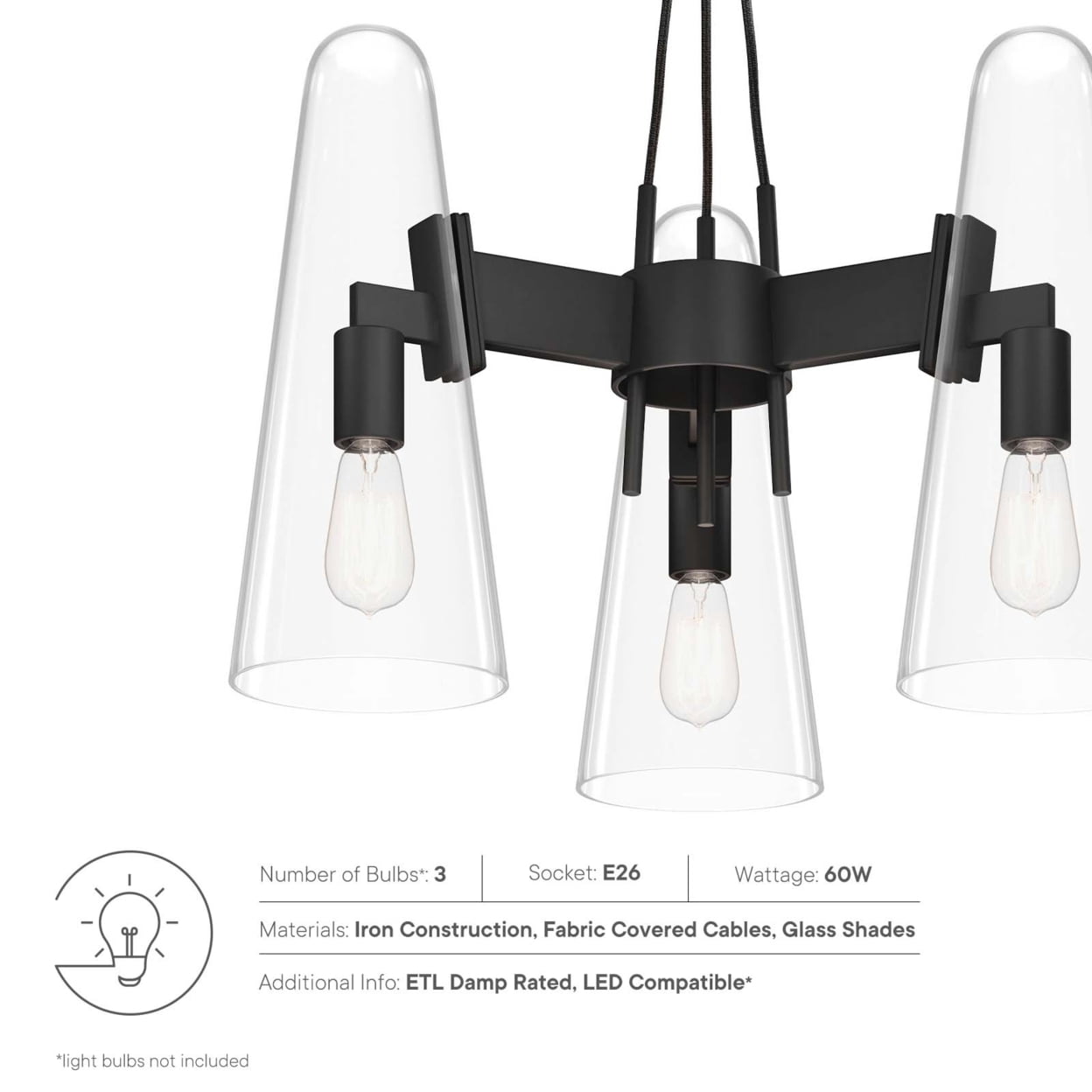 Modway Beacon 3-Light Metal and Glass Pendant Light in Clear/Black
