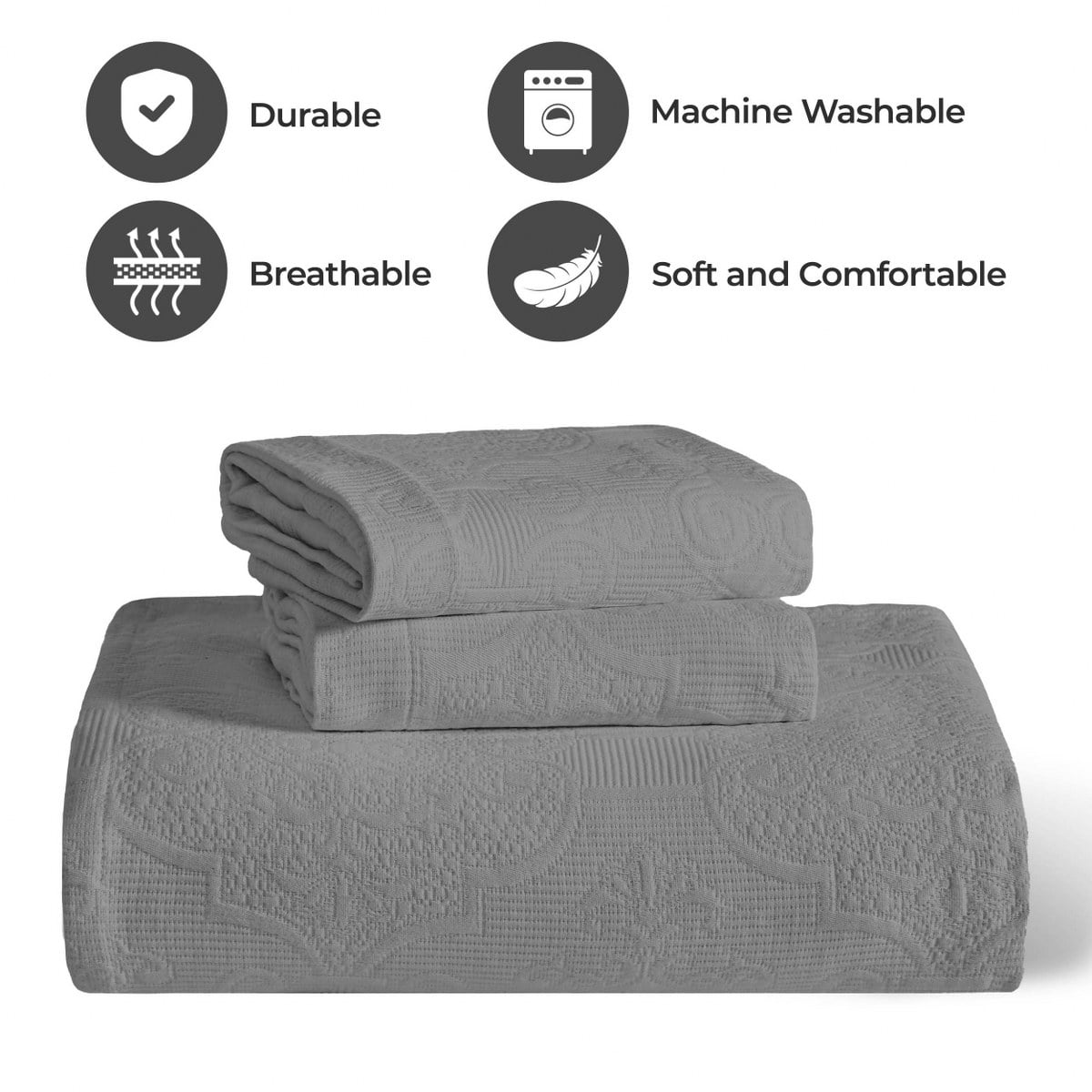 Superior 3-Piece Florin Cotton Matelasse Gray Bedspread Set, Full