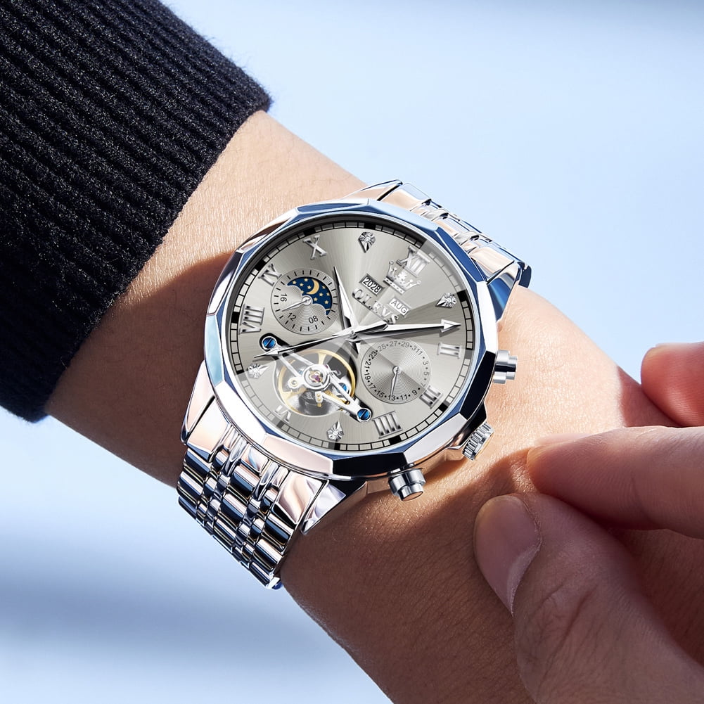 OLEVS Automatic Watches for Men Self Winding Mechanical Skeleton Luxury Dress Chronograph Gold Plated Stainless Steel Calendar Moon Phase Waterproof Luminous Mens Wrist Watches Reloj Para Hombre