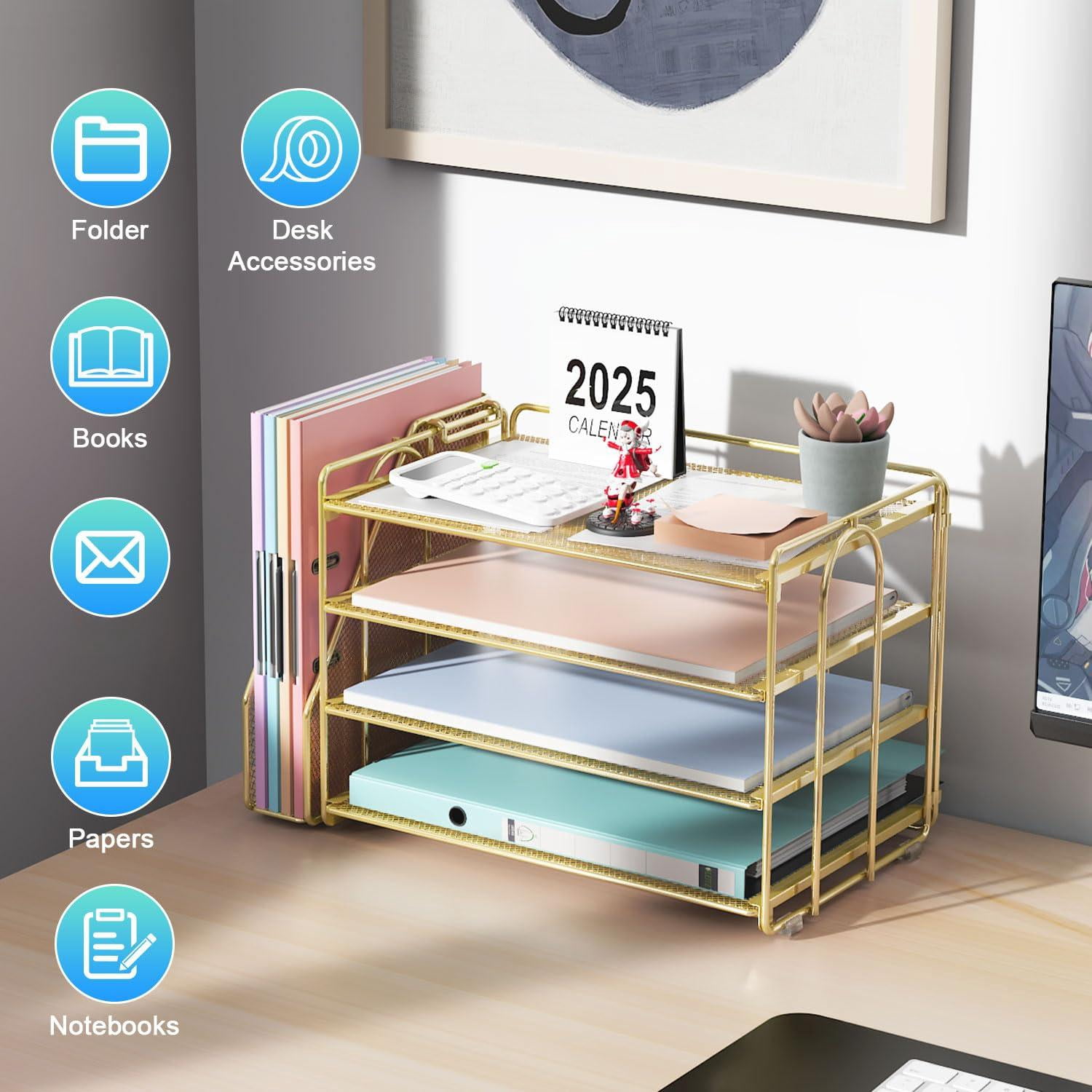 4-tier Paper Organizer With Magazine Holder  Desk Organizers And Accessories & Workspace File For Office Supplies Storag (gold 4-tier)