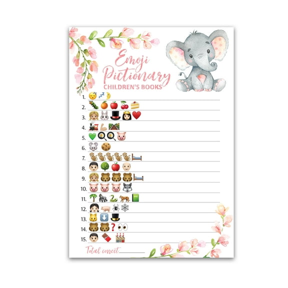PINK Emoticons Baby Shower Games — Pack of 25 — Pictionary Children's Books Baby Shower Games, GIRL Baby Shower Activity, Floral PINK BABY ELEPHANT Fun emoticon Game Activity G530-EMJ