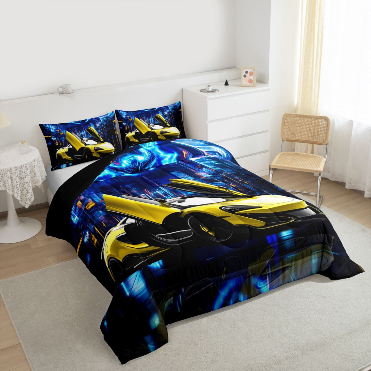 Feelyou Yellow Race Car Bedding Comforter Set, Futuristic City Landscape Twin Comforter Sets, Teens Kids Boys Girls Reversible Bedding Set, Super Cozy Room Decor, 2 Pieces