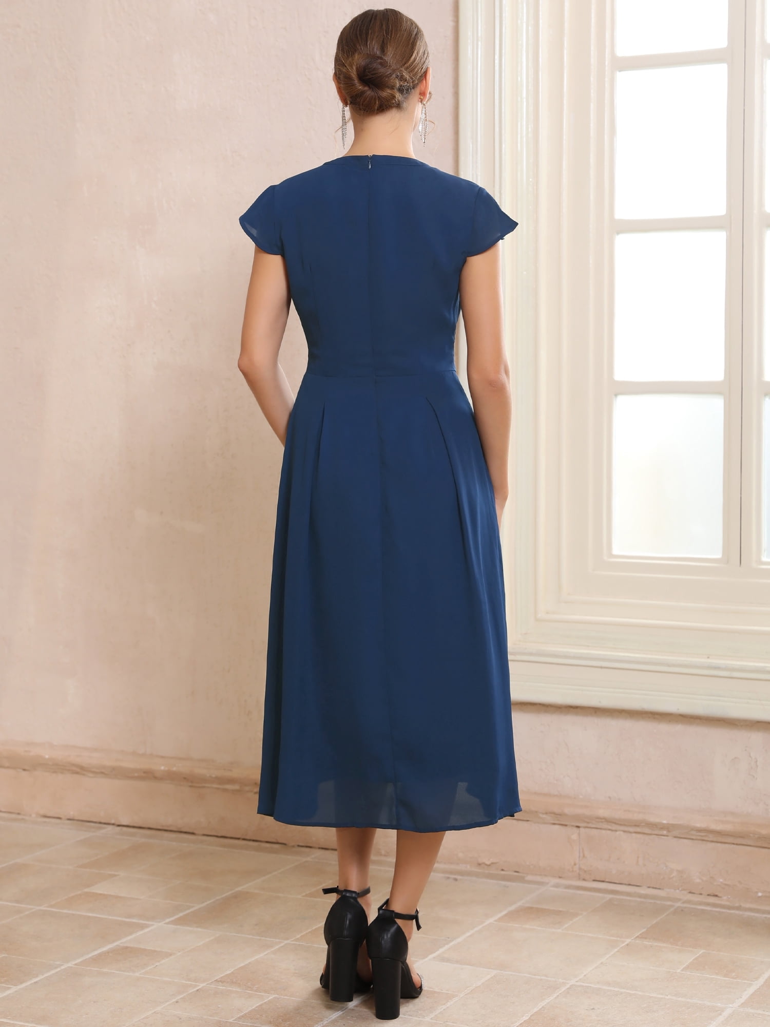 DARING DIVA Women's Elegant Midi Length Cap Sleeve Dress with Tie Waist M Dark Blue