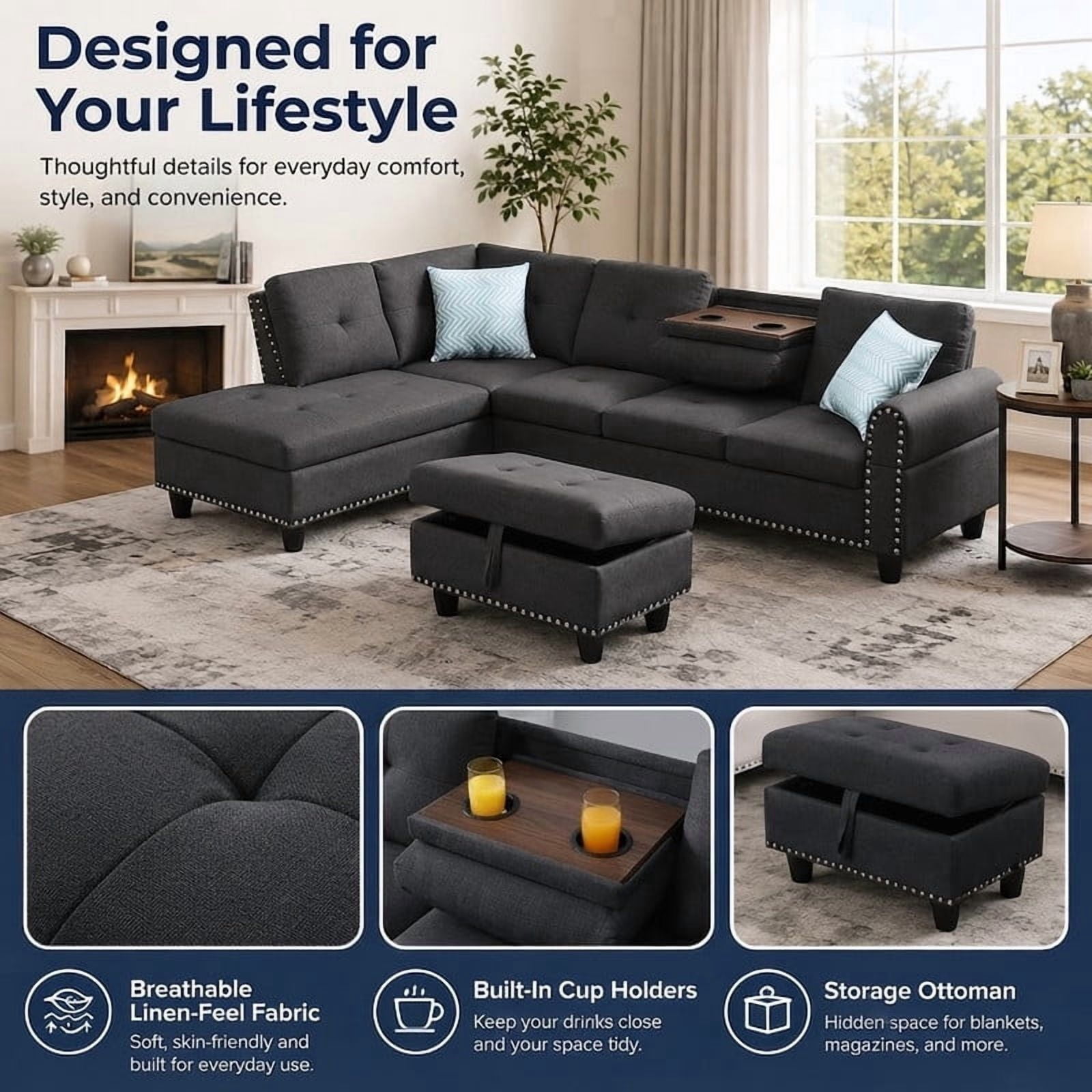 98" L-Shaped Sectional Sofa with Storage Ottoman, 4-Seat Linen Upholstered Modular Couch with Left Chaise, Drop-Down Backrest with Cup Holders, Nailhead Trim, 3-Piece Sofa Set for Living Room, Office