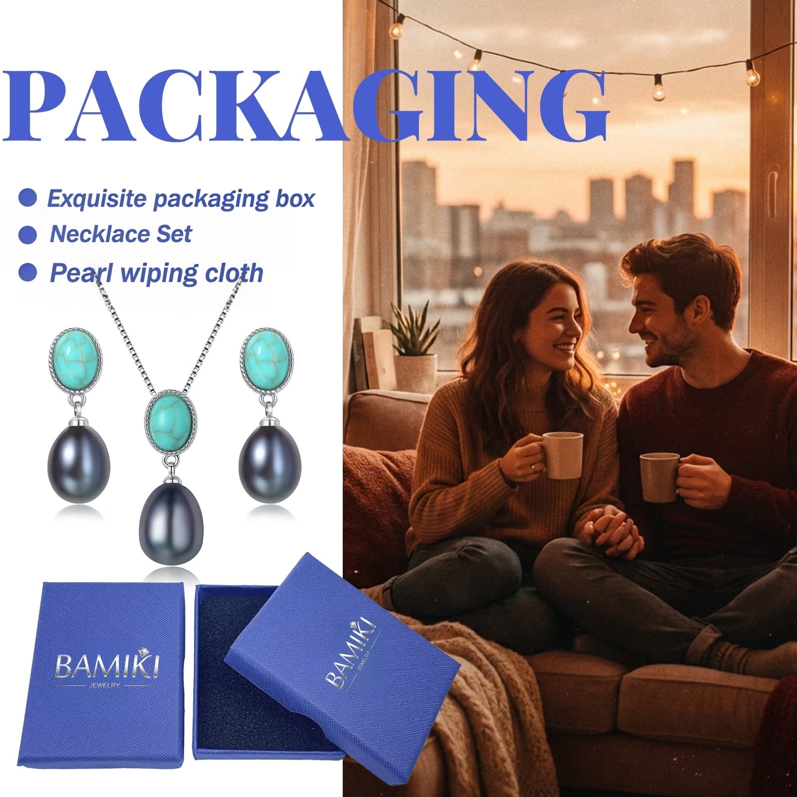 BAMIKI 9-10mm Black Pearl Necklace and 8-9mm Earrings Set 925 Sterling Silver Jewelry Gift for Women