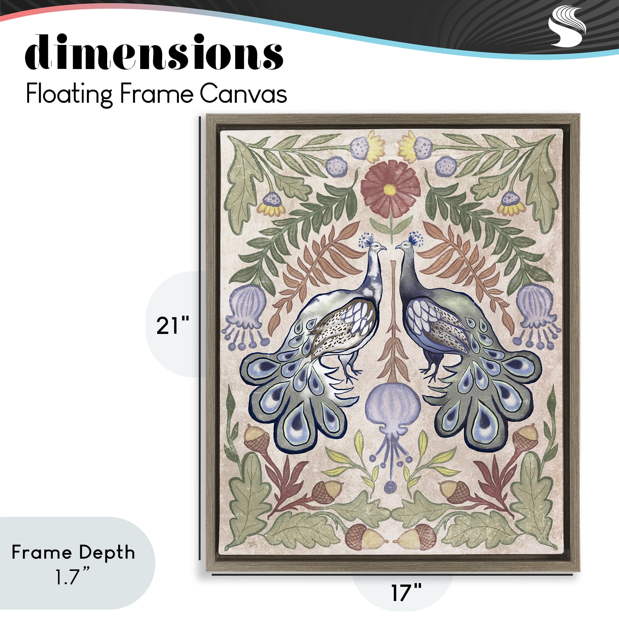 Stupell Industries Symmetrical Peacock & Flower Pattern Brown Framed Floater Canvas Wall Art, design by Elizabeth Medley