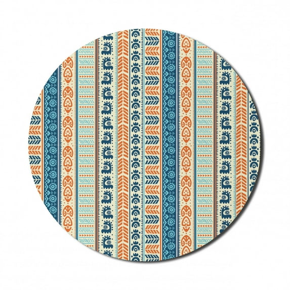 Tibal Mouse Pad for Computers, Vintage Pattern with Folk Artisan Art, Round Non-Slip Thick Rubber Modern Gaming Mousepad, 8" Round, Merigold Blue, by Ambesonne