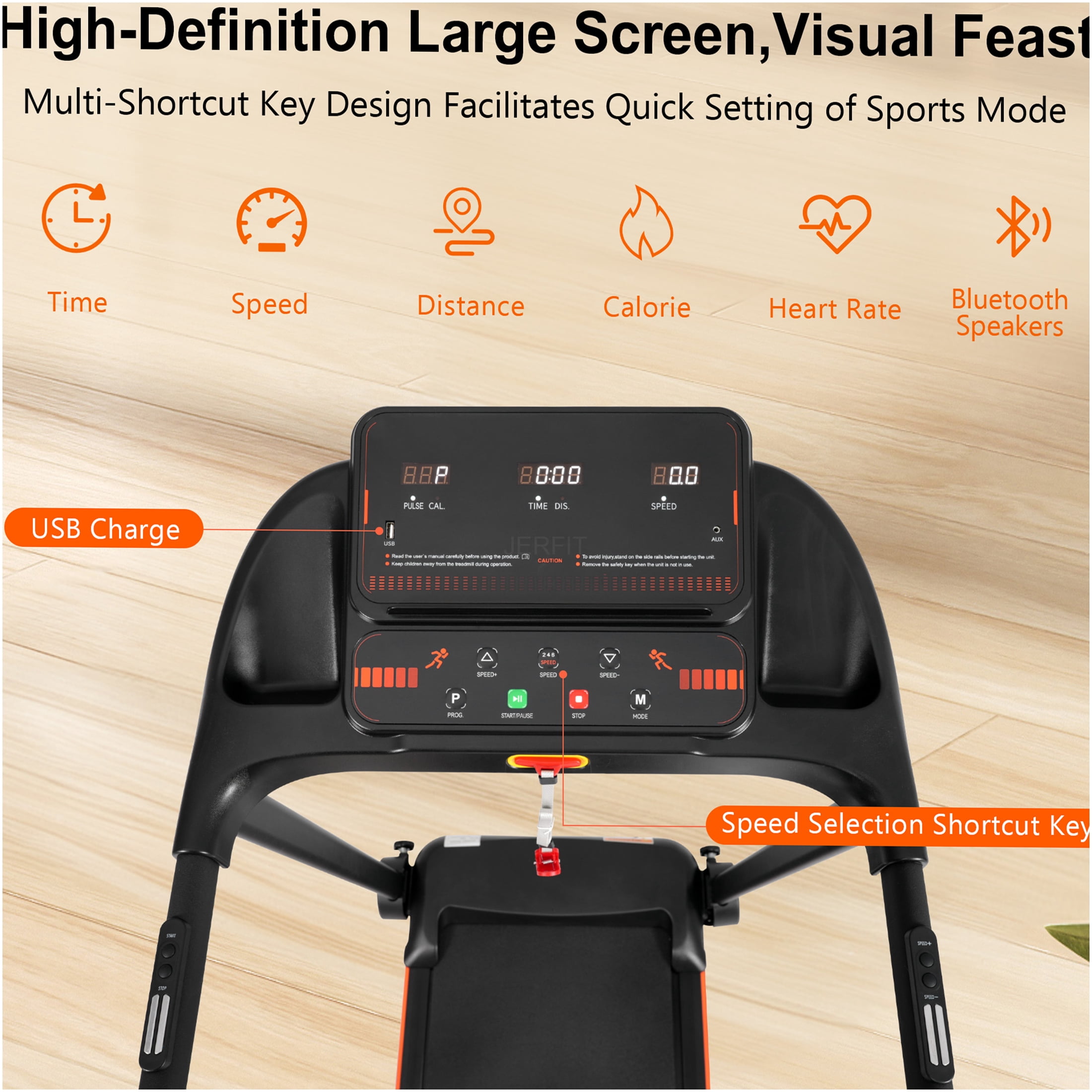 JERFIT Foldable Treadmill for Home, 2.5HP Powerful Motor, 7.5MPH Max Speed with Incline, 300lbs Capacity, Bluetooth Speaker, Heart Rate Monitor, USB Charging, Quiet Running Machine for Cardio