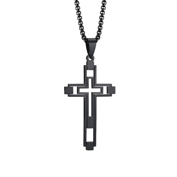 PAMTIER Unisex Stainless Steel Personality Hip Hop Creative Cutout Openwork Cross Pendant Amulet Crucifix Necklace Simple Jewelry Black 23.6" Chain