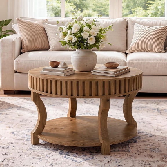 Tribesigns 31.5-Inch Solid Wood Coffee Table, Farmhouse Round Cocktail Table with Storage, 2-Tier Fluted Center Table for Living Room (Brown)
