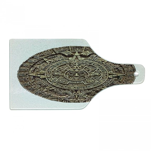 Aztec Cutting Board, Tribal Themed Medallion of Mexican Civilization Tribal Astronomy Pattern, Decorative Tempered Glass Cutting and Serving Board, in 3 Sizes, by Ambesonne