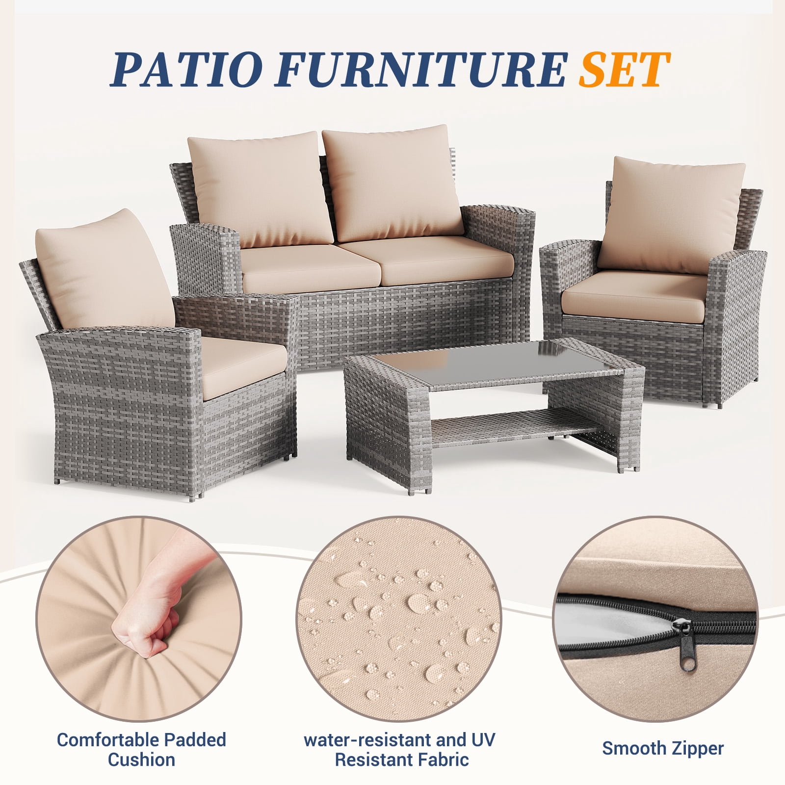 ELPOSUN Wicker Patio Furniture Set, 4 Piece Outdoor Sectional Conversation Sets, Gray PE Rattan Patio Sofa Set for Balcony, Porch, Backyard, Khaki