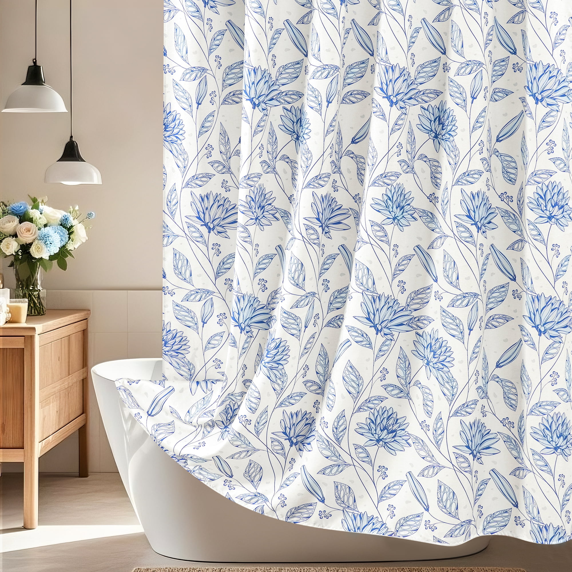 Inosoo Linen-Look Digital Print Shower Curtain, Blue Dahlia Flowers on White Background, 72x72 Inches
