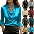 thumbnail image 2 of ZQGJB Womens Elegant Cowl Neck Satin Blouse Ruffled 3/4 Length Sleeve Collared T-Shirts Tops Dressy Business Casual Office Work Silk Shirt Fall Spring Outfits Green L, 2 of 8