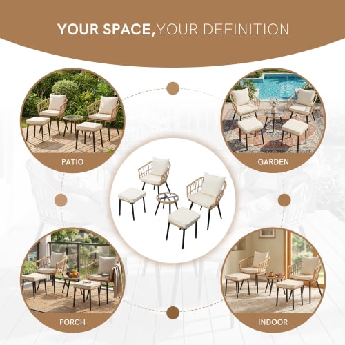 5-Piece Outdoor PE Rattan Wicker Conversation Bistro Set, All-Weather Small Patio Furniture with 2 Chairs, 2 Ottomans and Coffee Table for Balcony, Porch, Deck, Yard and Poolside