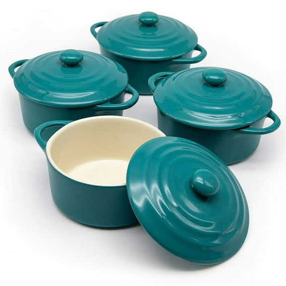 Kook Ceramic Mini Cocotte Set, 12 Oz, Set of 4, Aqua