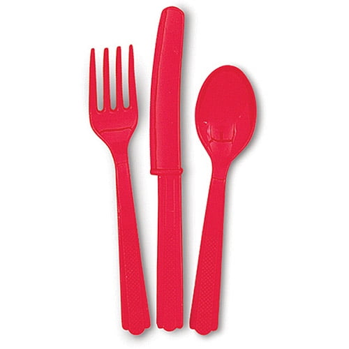 Unique Industries Assorted Plastic Silverware for 6, Red, 18pc