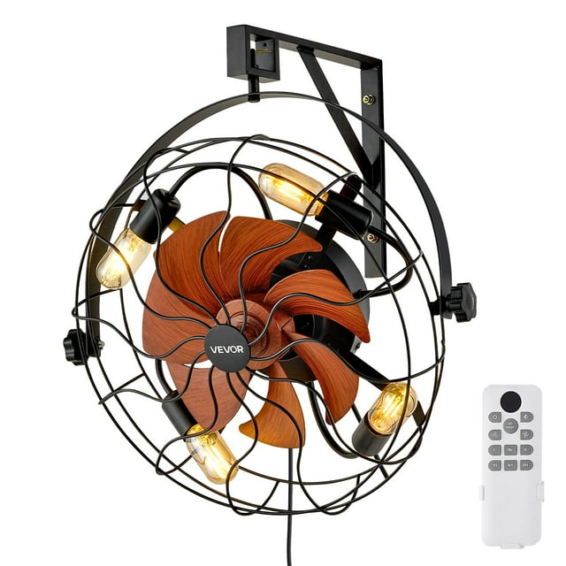 VEVOR Ventilateur Mural avec Lumières, Ventilateur Mural de 21 Pouces avec Télécommande, Ventilateur Mural à 6 Vitesses, Minuterie, Inclinaison Réglable à 360° pour Chambre, Garage, Atelier (Compatible 4 Douilles d'Ampoule E26, Sans Ampoule)