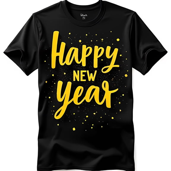Stylish Black T-Shirt with Gold Cursive 'Happy New Year' Graphic