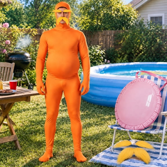 Halloween Orange Full Body Zentai Costume with Yellow Mustache and Eyebrows, Spandex Bodysuit with Back Zipper