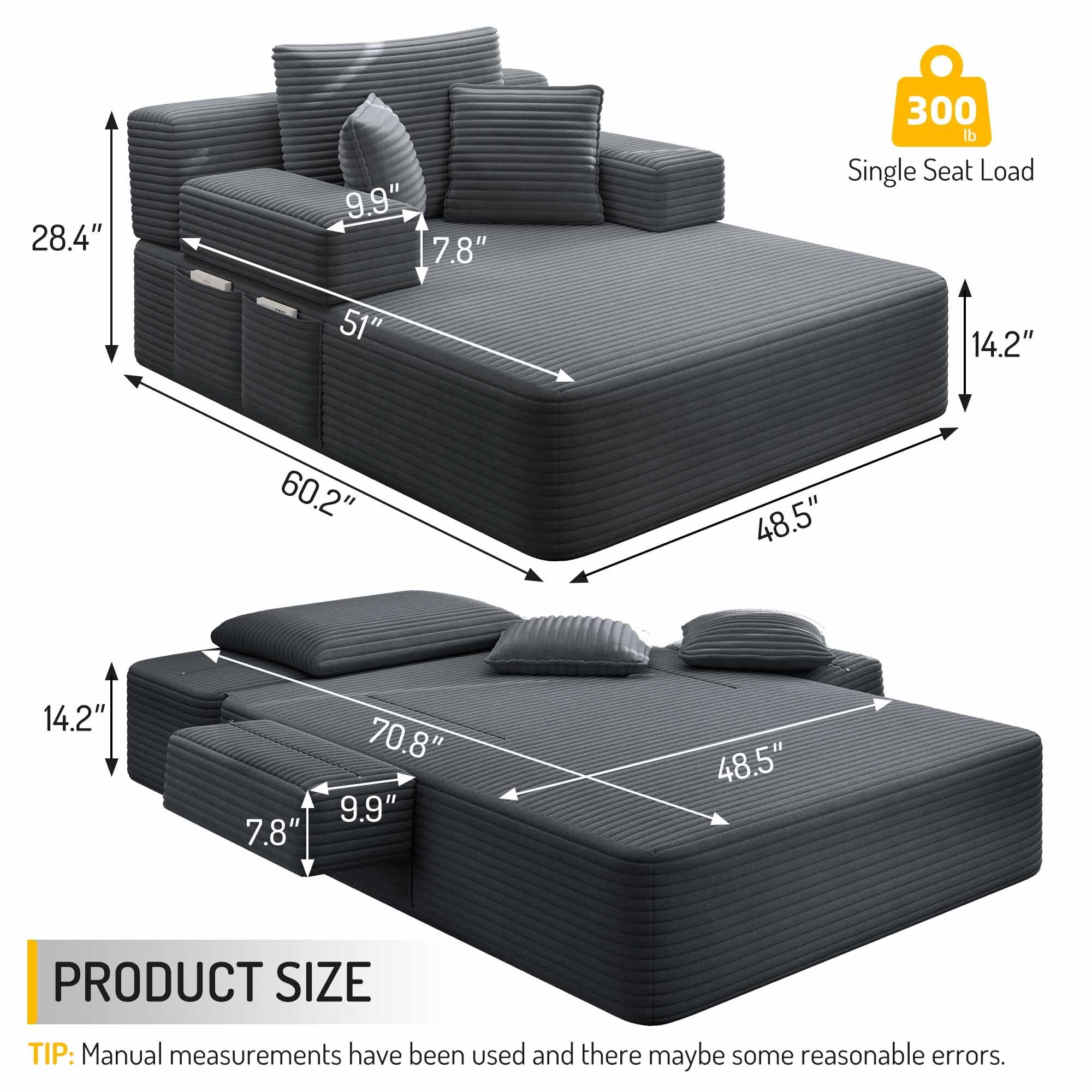 Lunale Boneless Chaise Lounge Chair Indoor, Oversized Convertible Sofa Bed, Cloud Corduroy Sofa Chair for Living Room, Dark Gray