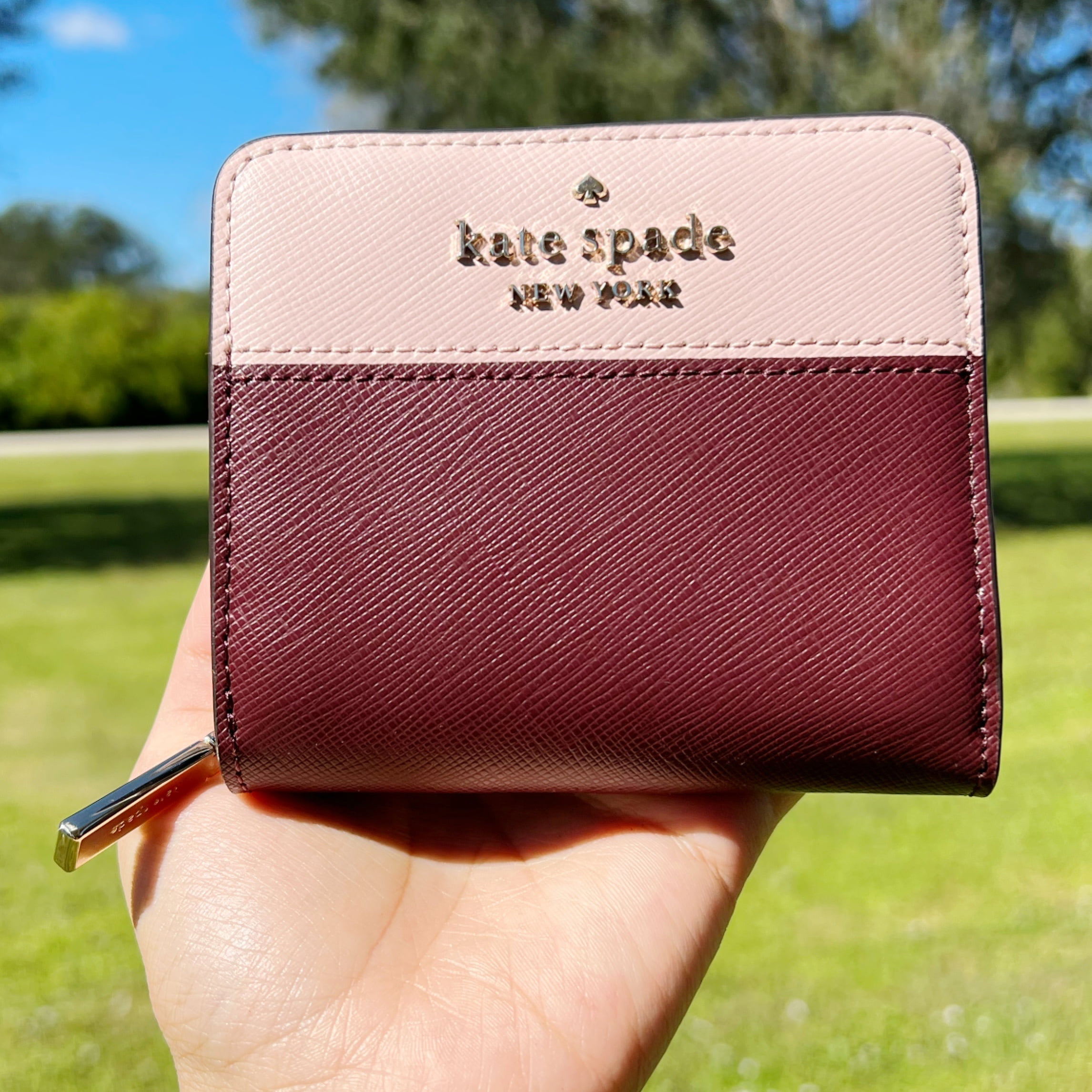 Kate Spade Staci Colorblock Printed Small Zip Around Wallet Burgundy Pink  Multi 