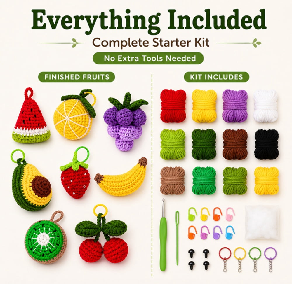 8 Pack Fruit Crochet Kit for Beginners, Fruit Amigurumi Starter Set with Step by Step Video Tutorial, TIKA