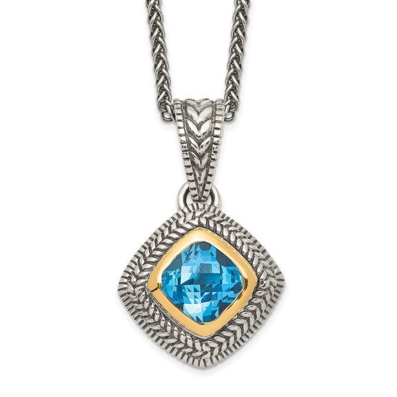 Auriga Fine Jewelry 925 Sterling Silver 8 mm with 14K Accent Antiqued Cushion Bezel Sky Blue Topaz Necklace for Women 18"