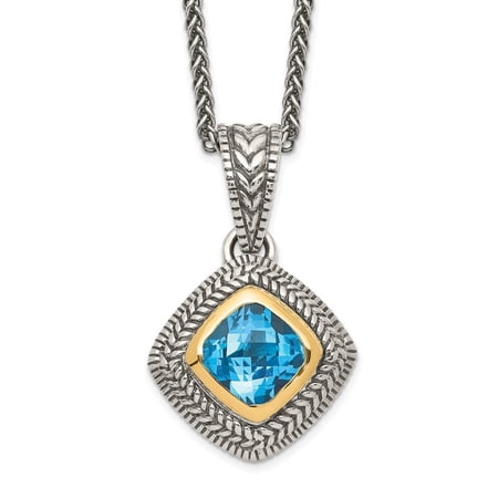 Auriga Fine Jewelry 925 Sterling Silver 8 mm with 14K Accent Antiqued Cushion Bezel Sky Blue Topaz Necklace for Women 18"
