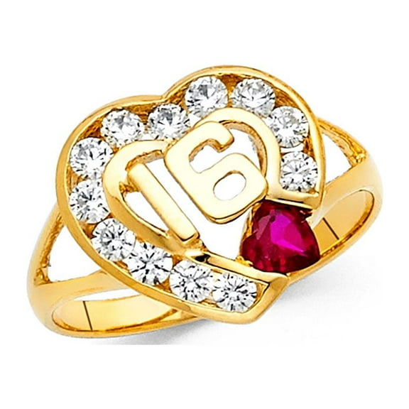 Sweet 16 Ring Solid 14k Yellow Gold Heart Band Birthday Stylish Red CZ Polished Finish Fancy, Size 7
