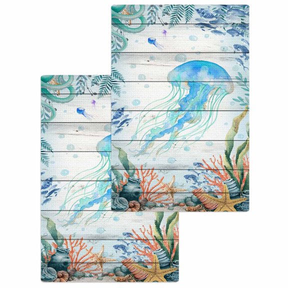 Jellyfish Coastal Kitchen Dish Towels for Drying Dishes Set of 2, Summer Nautical Starfish Coral Grey Wooden Waffle Weave Microfiber Hand Tea Bathroom Towels Quick Dry & Absorbent Towel 15.7x23.6