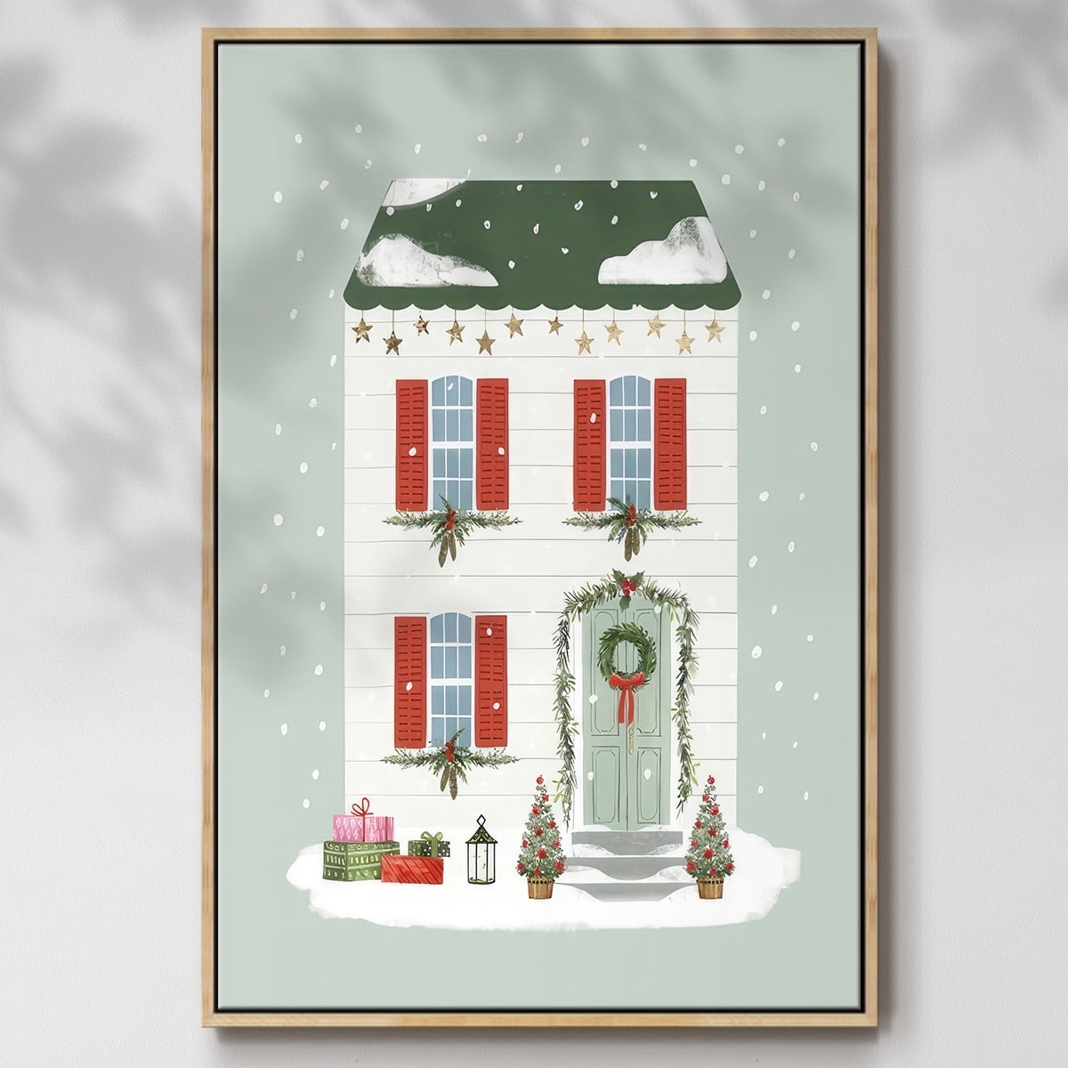 Festive Front Door IV - Framed Gallery Wrapped Holiday Canvas - 27 x 41 - Natural Wood Frame
