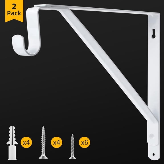 KOLAKO Closet Rod Brackets, Heavy Duty Shelf Brackets, Wall Mounted Metal Clothes Hanger Pole Support Hooks,10.9X 10.2 inch, 2 Pack, White