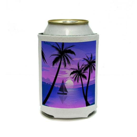 Beach Sunset - Graphic Sail Boat Ocean Vacation Blue Purple Can Cooler Drink Insulator Beverage Insulated Holder