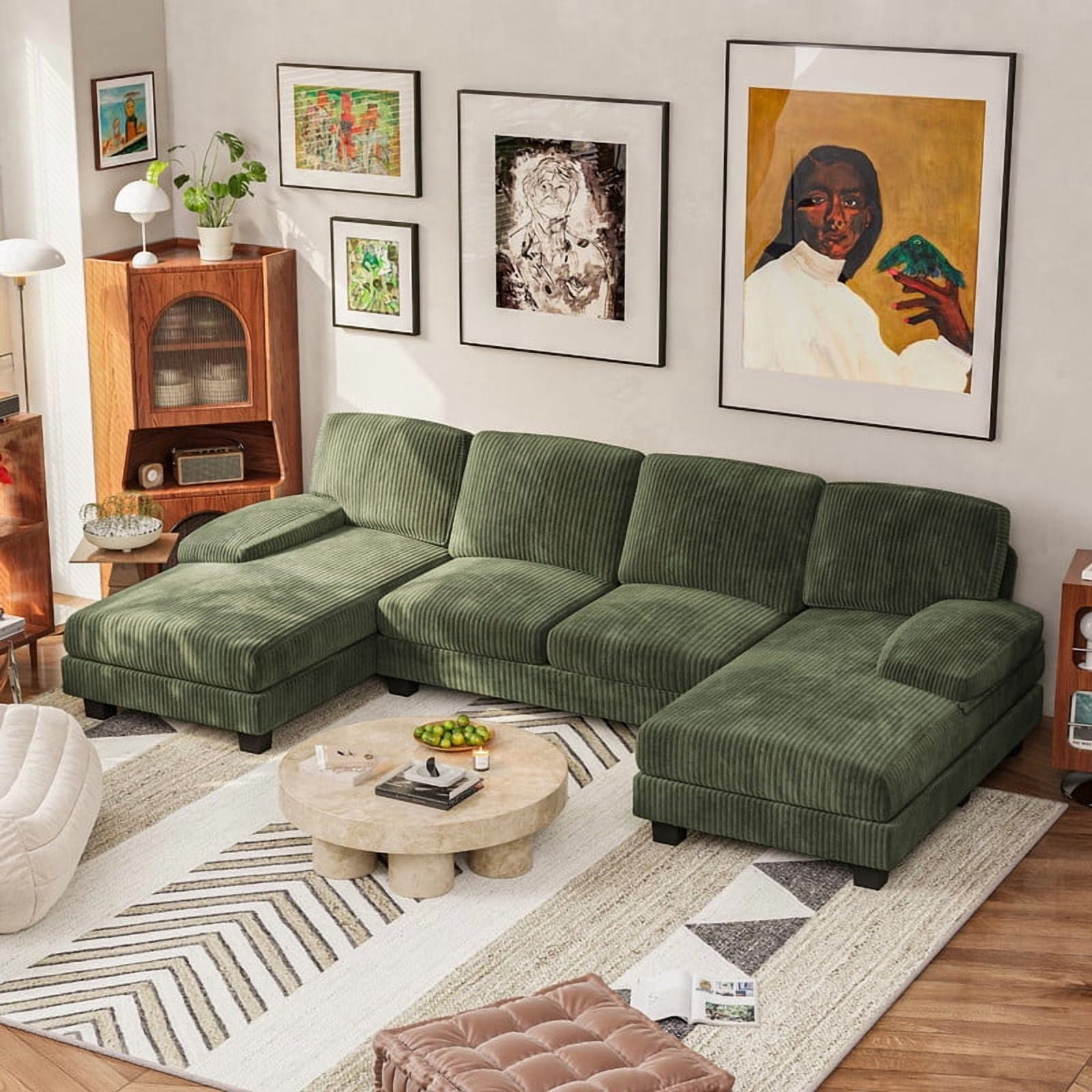 Furmax U Shaped Sectional Sofa Couch with Double Chaise for Apartments,Corduroy Green
