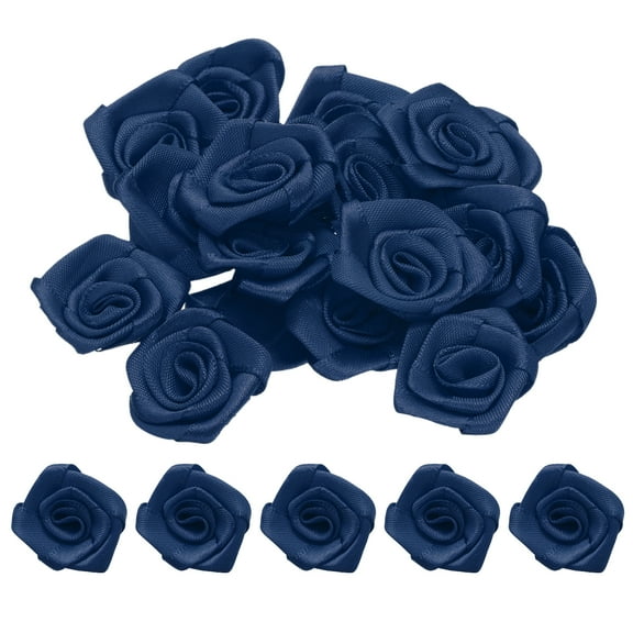 Uxcell 50pcs 3cm Ribbon Roses for Crafts Artificial Fabric Flowers, Navy Blue