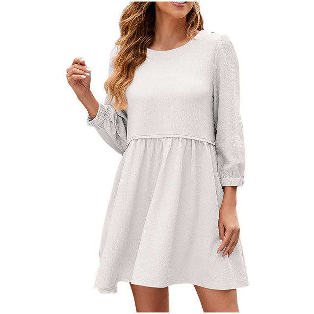 Birdeem Dresses for Women Womens Fashion Fallow Solid Color Round Neck Pockets Dresses