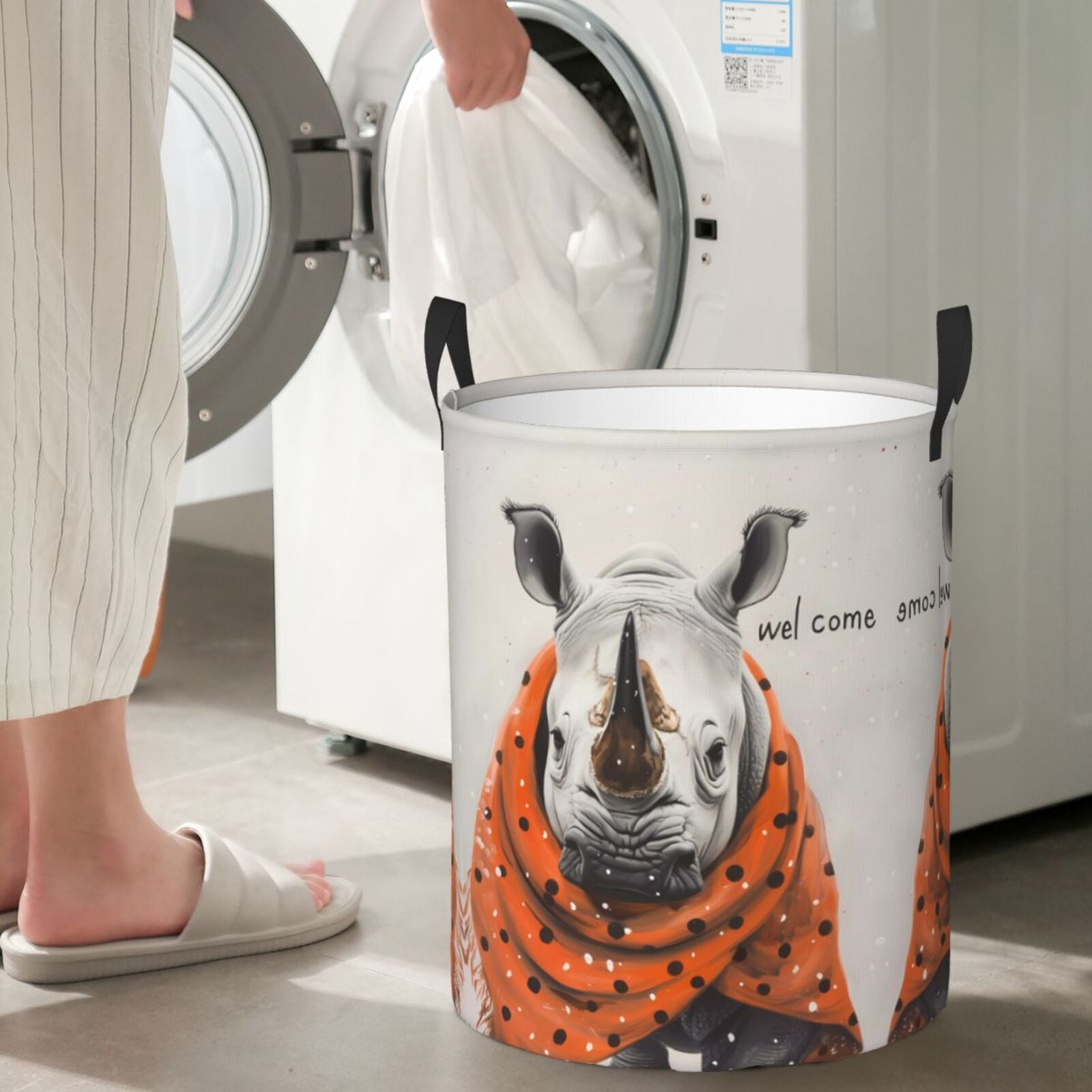 Large Laundry Basket with Handles - Polka Dot Rhino Welcome Kids Baby Dirty Clothes Laundry Hamper for Bedroom Aesthetic