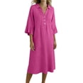thumbnail image 2 of FDGIU Women's Collared V Neck Half Button Bell 3/4 Sleeve Loose Linen Midi Dress, Casual Office Work Spring Fall Home Lounge Straight Mid Length Dresses, 2 of 6