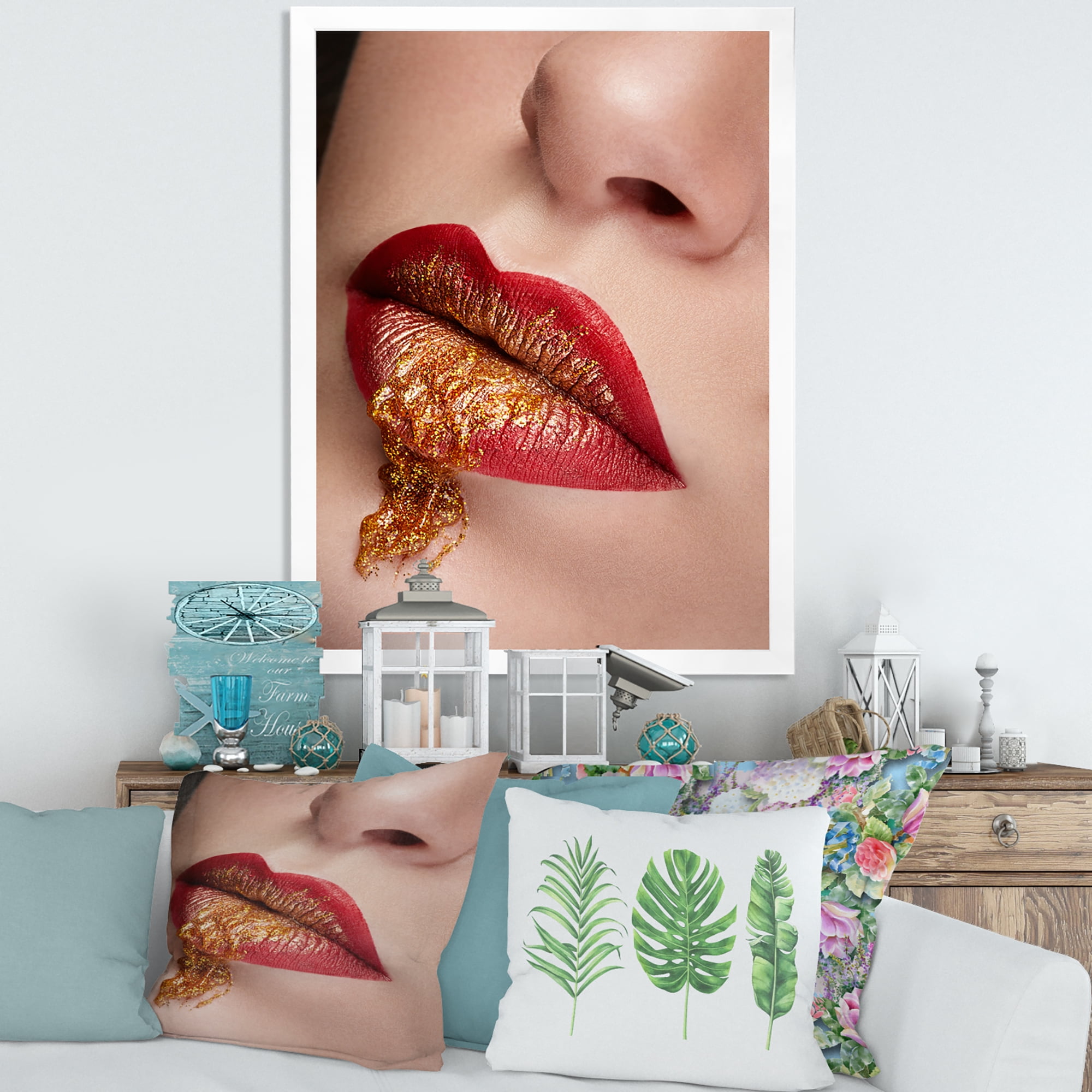 Designart 'Close Up Lips With Gold and Red Make Up' Modern Framed Art Print