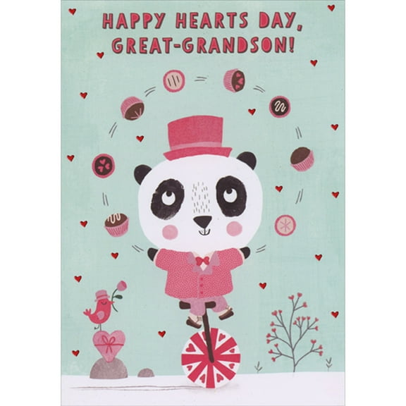 Designer Greetings Panda Riding Unicycle While Juggling Cupcakes Juvenile Valentine's Day Card for Great-Grandson