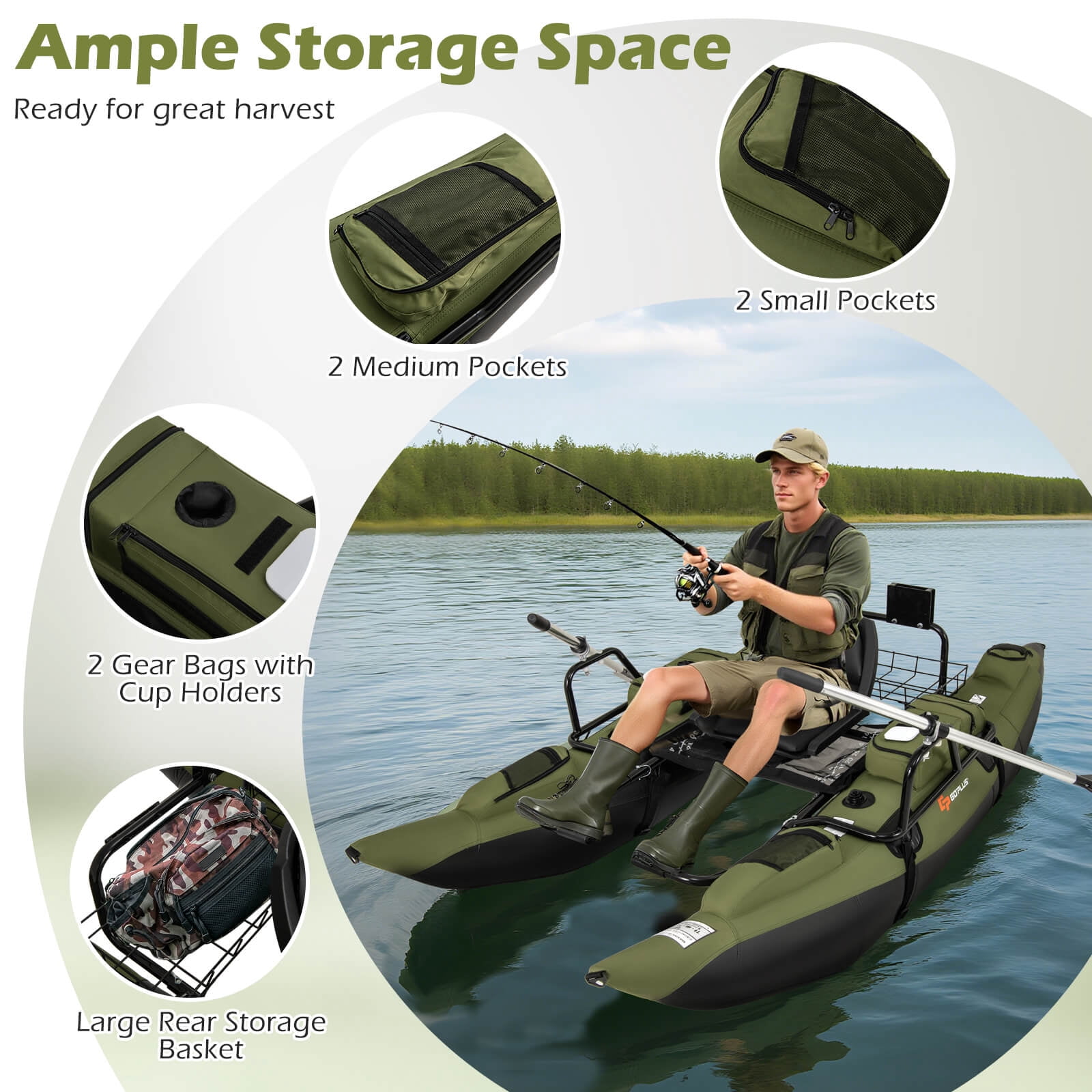 Goplus Inflatable Fishing Float Tube with Foldable Padded Seat, Adjustable Footrest, Pump
