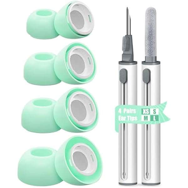 wonima02 4 Pairs Ear Tip Replacement for AirPods Pro 1 & 2 - Premium Non-Slip Silicone with Noise Reduction Holes & Integrated Dust Guard Screen, Includes Cleaner Kit (XS/S/M/L Mint Green)