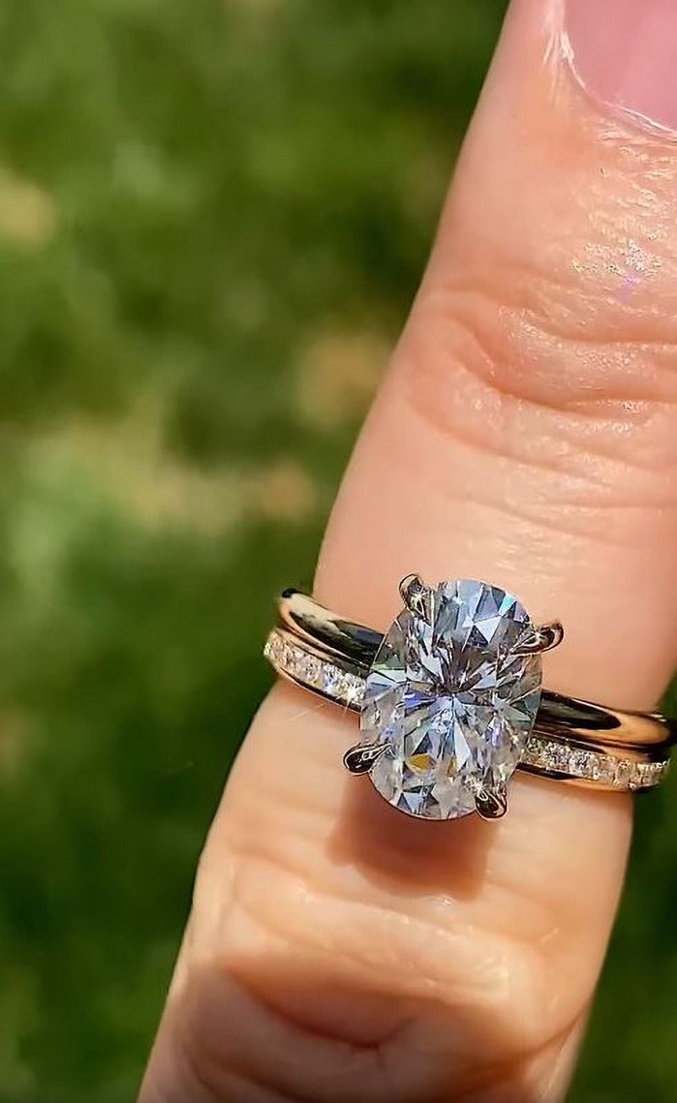Solitaire Brilliance 2.7CT Oval Cut Moissanite Hidden Halo Engagement Ring with Bezel Set Round Moissanite Wedding Band, Wedding Set For Women in 14K Yellow Gold, Ring Size 5