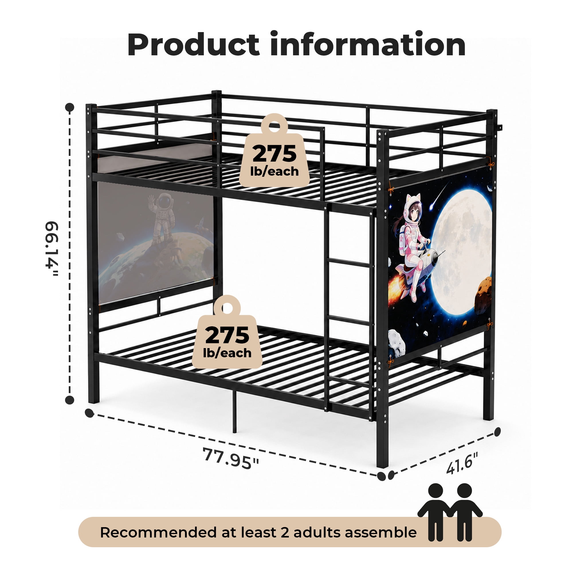 Alvantor Bunk Bed Twin over Twin, Metal Bunk Bed for Kids with Ladder and Wall Painting Black