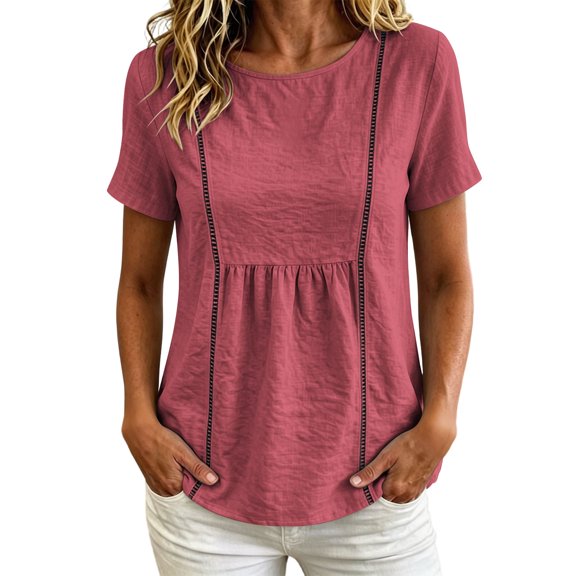 hoksml Women's Cotton Linen Peplum Blouse, Round Neck Short Sleeve Loose Fit Casual Summer Daily Wear Shirt